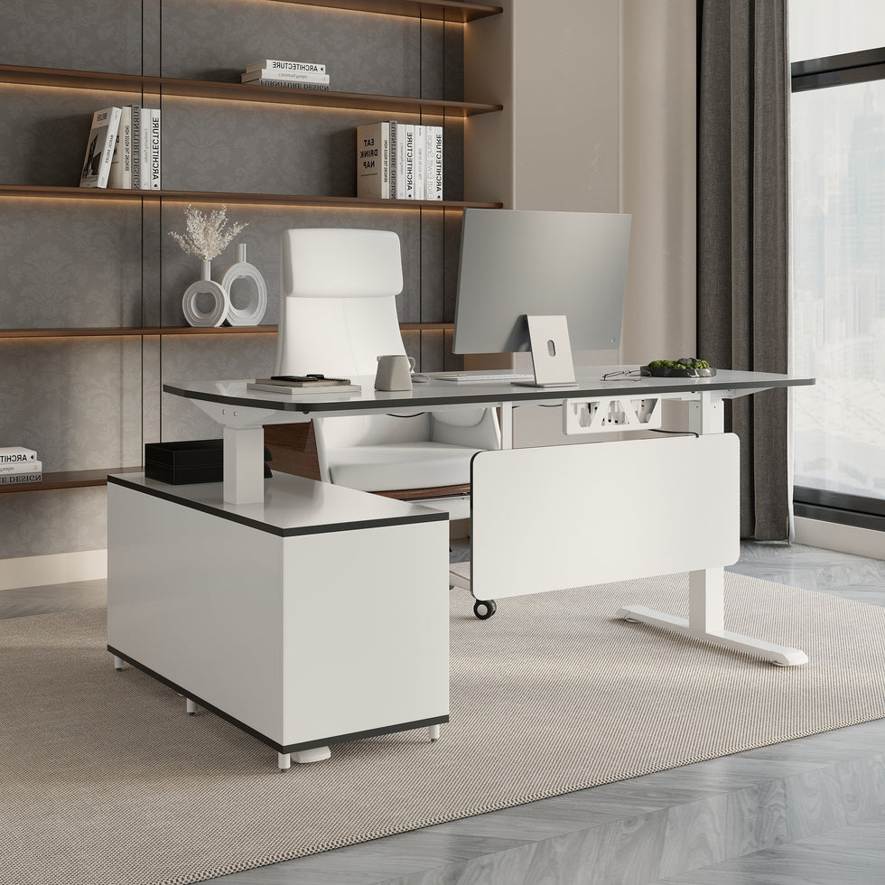 HMR - Modern L-Desk Adjustable Electric Standing Desk & Office Chair Set