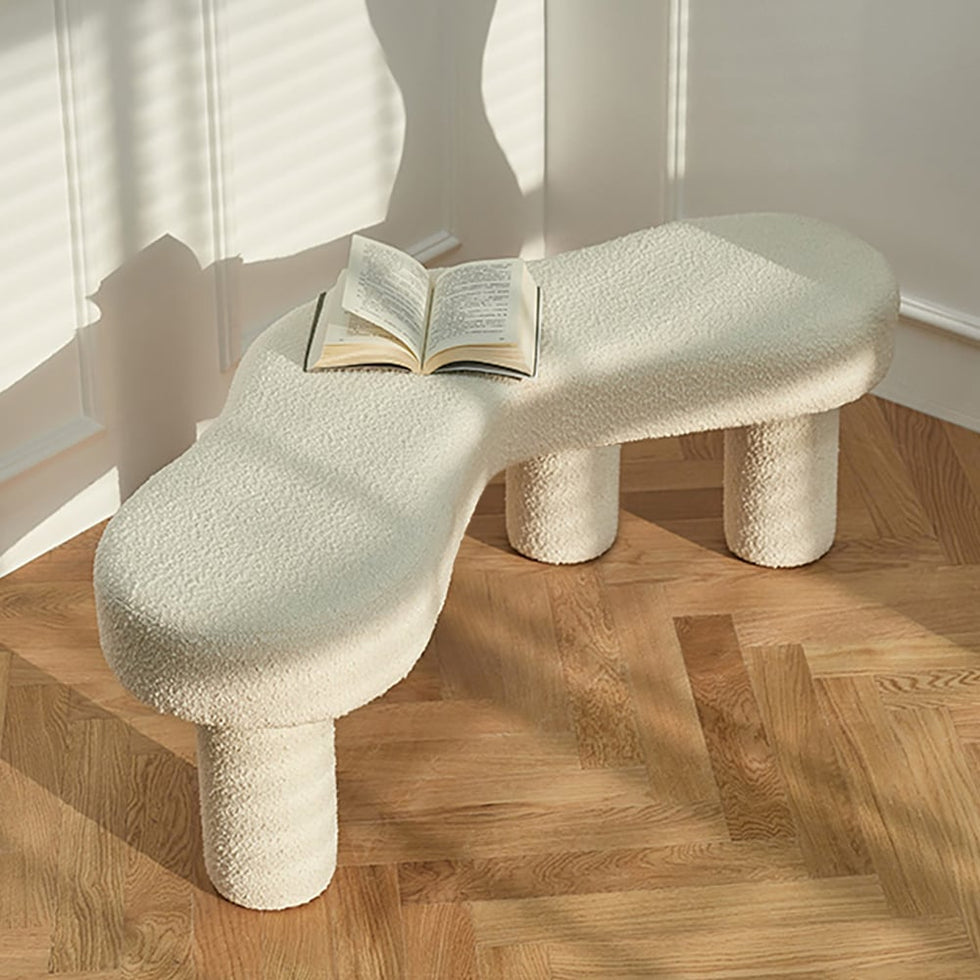 HMR - Modern White Bedroom Bench Boucle Tufted Long Bench with 4 Legs