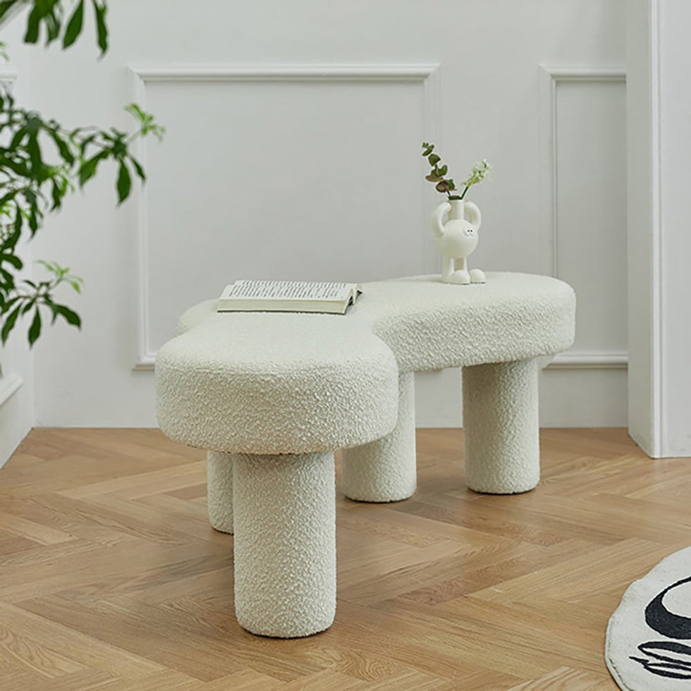 HMR - Modern White Bedroom Bench Boucle Tufted Long Bench with 4 Legs
