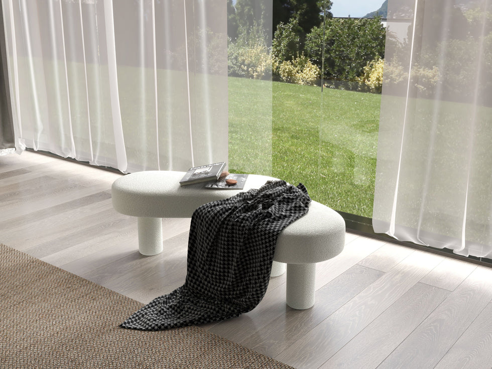 HMR - Modern White Bedroom Bench Boucle Tufted Long Bench with 4 Legs