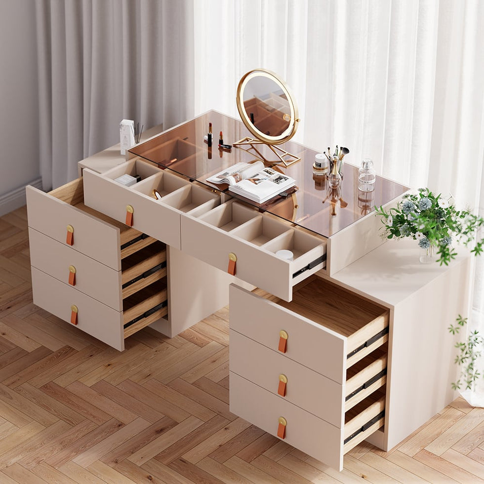 HMR - Chanor Modern Champagne Retractable Makeup Vanity Closet Island with Jewelry Storage