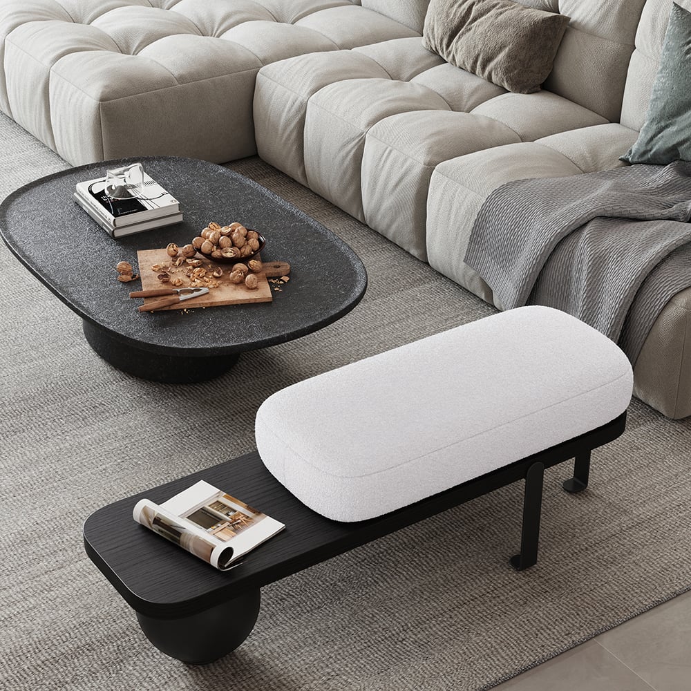 HMR - Wooden Entryway Bench Fleece Upholstered with Abstract Metal Legs