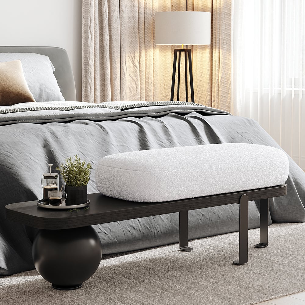 HMR - Wooden Entryway Bench Fleece Upholstered with Abstract Metal Legs