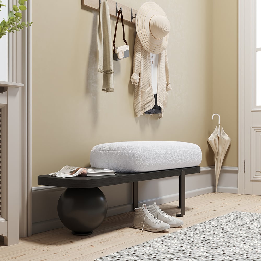 HMR - Wooden Entryway Bench Fleece Upholstered with Abstract Metal Legs
