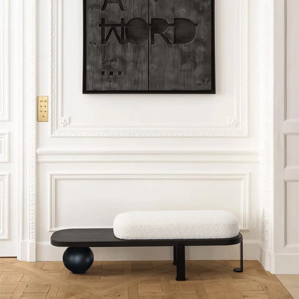 HMR - Wooden Entryway Bench Fleece Upholstered with Abstract Metal Legs