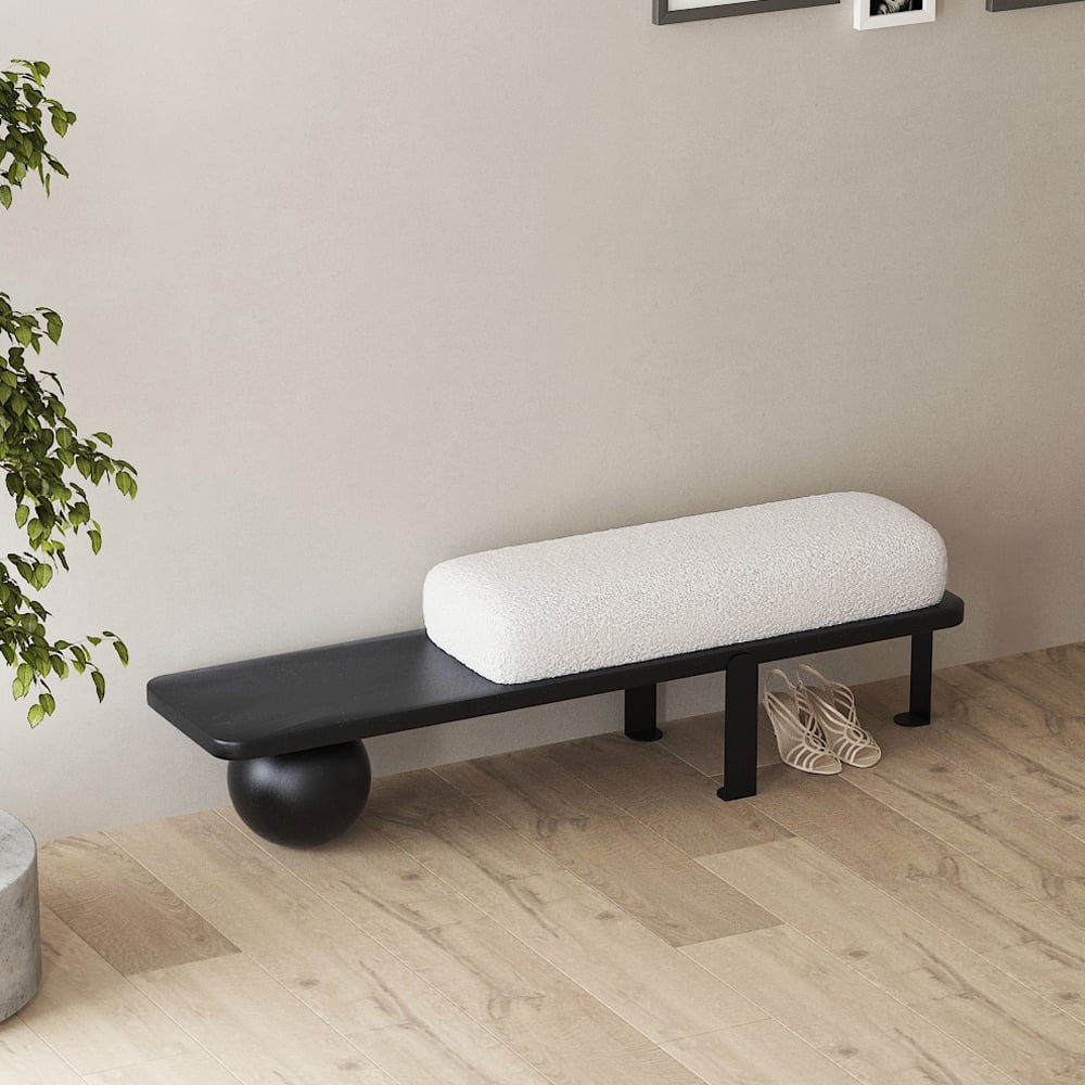 HMR - Wooden Entryway Bench Fleece Upholstered with Abstract Metal Legs