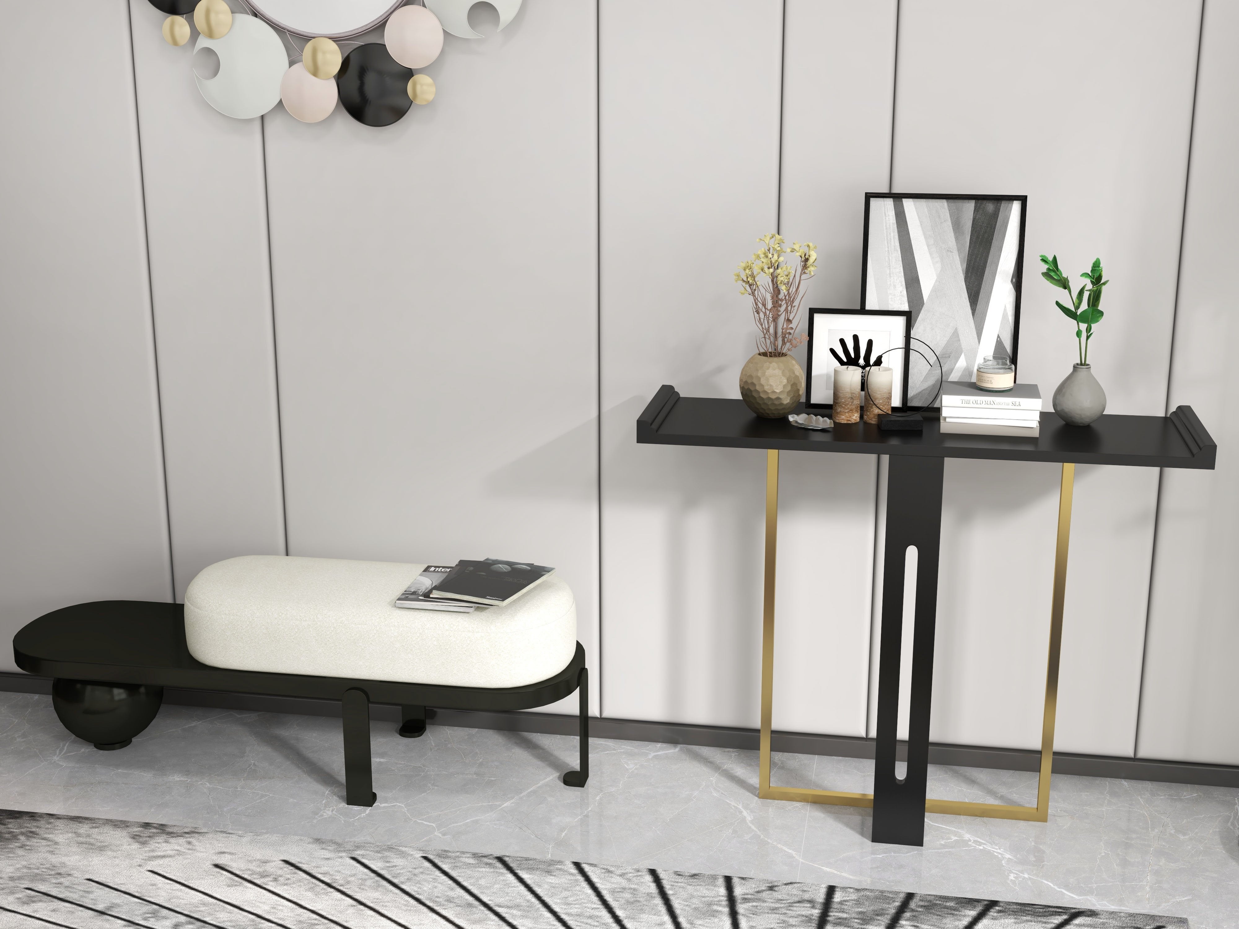 HMR - Wooden Entryway Bench Fleece Upholstered with Abstract Metal Legs