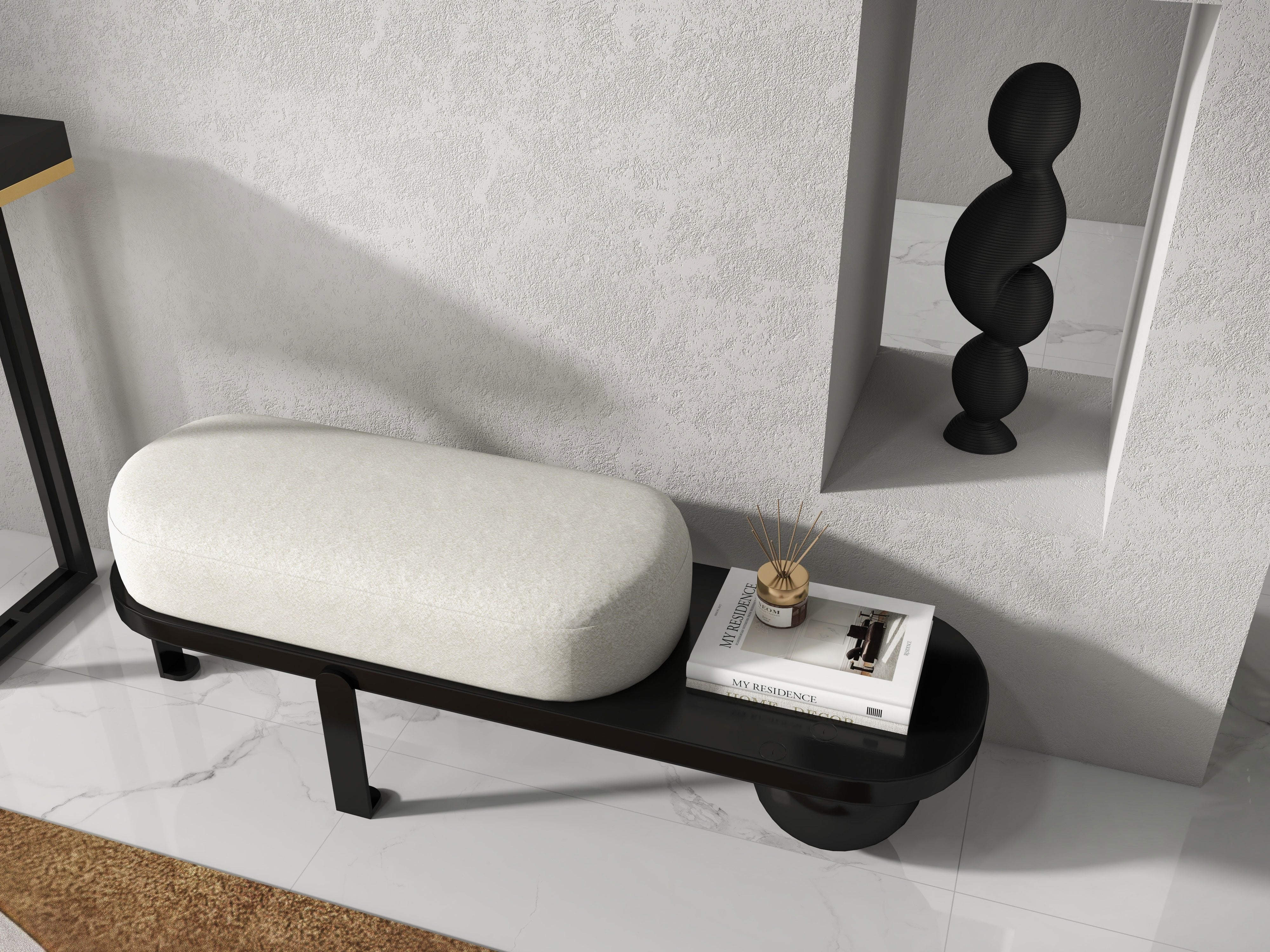 HMR - Wooden Entryway Bench Fleece Upholstered with Abstract Metal Legs