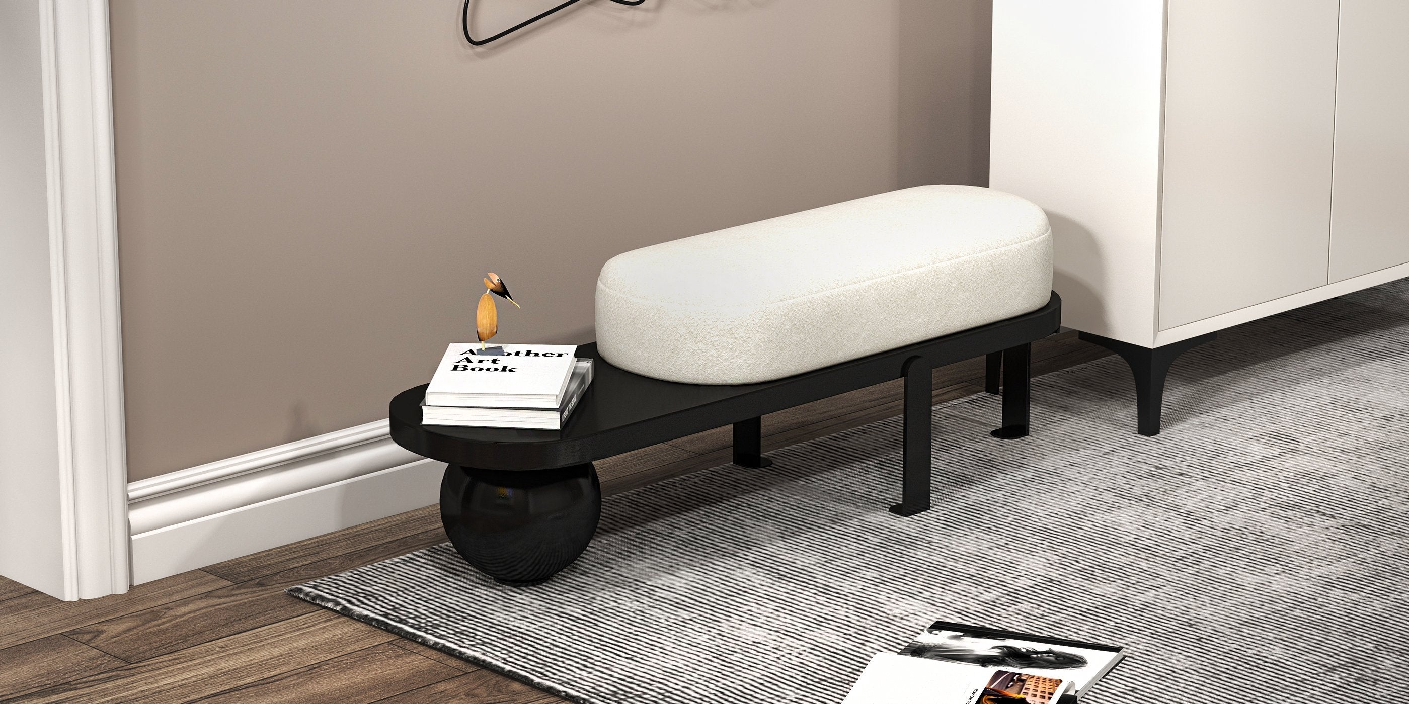 HMR - Wooden Entryway Bench Fleece Upholstered with Abstract Metal Legs