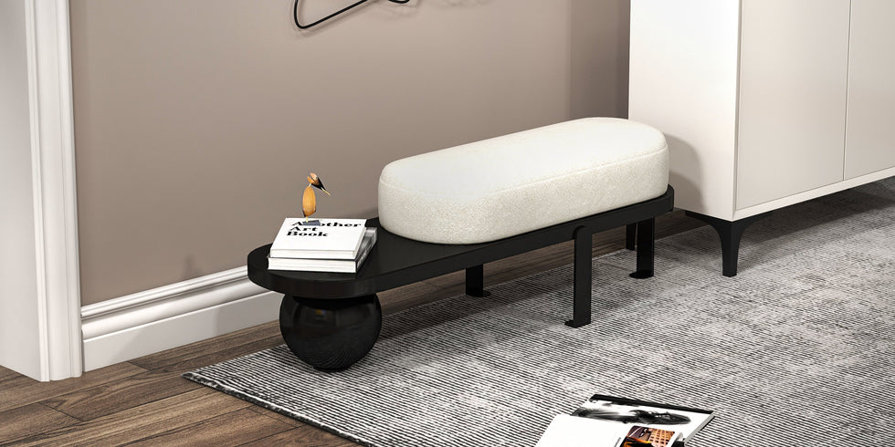 HMR - Wooden Entryway Bench Fleece Upholstered with Abstract Metal Legs