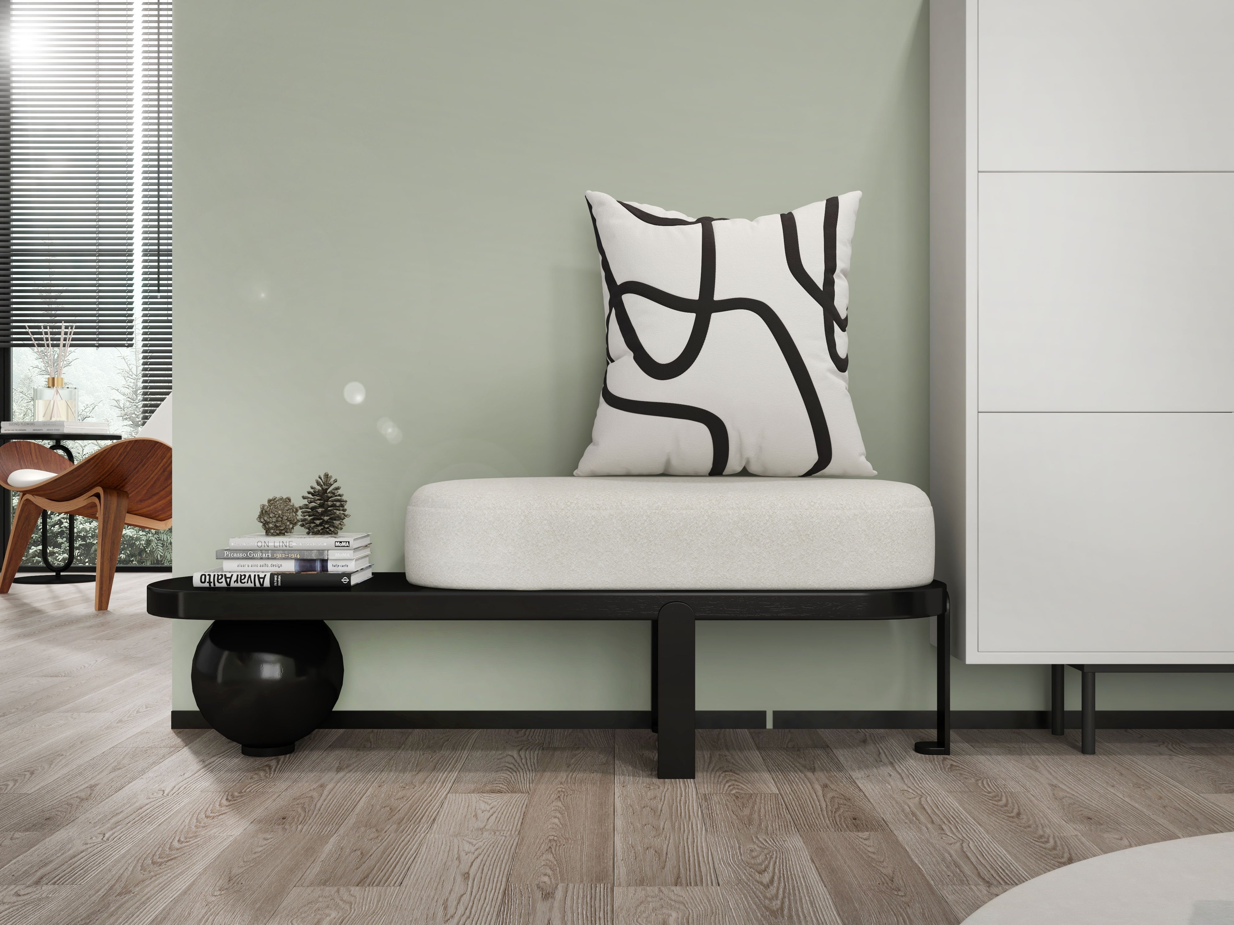 HMR - Wooden Entryway Bench Fleece Upholstered with Abstract Metal Legs