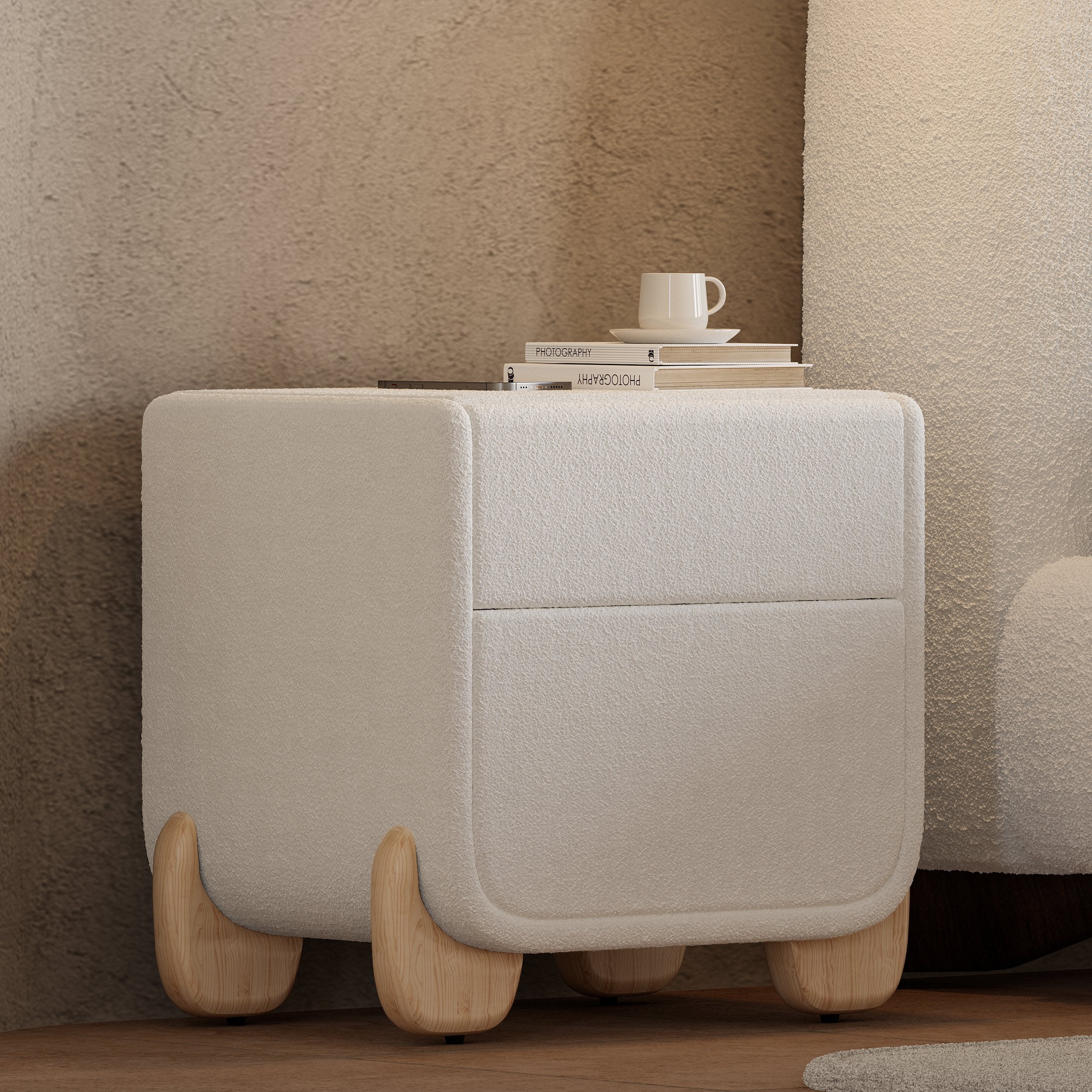 HMR - Curva 2-Drawer Smart Boucle Nightstand with Wood Legs