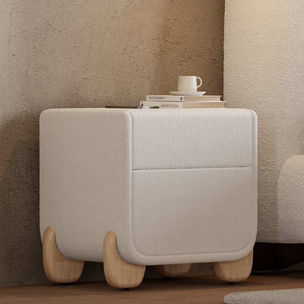 HMR - Curva 2-Drawer Smart Boucle Nightstand with Wood Legs