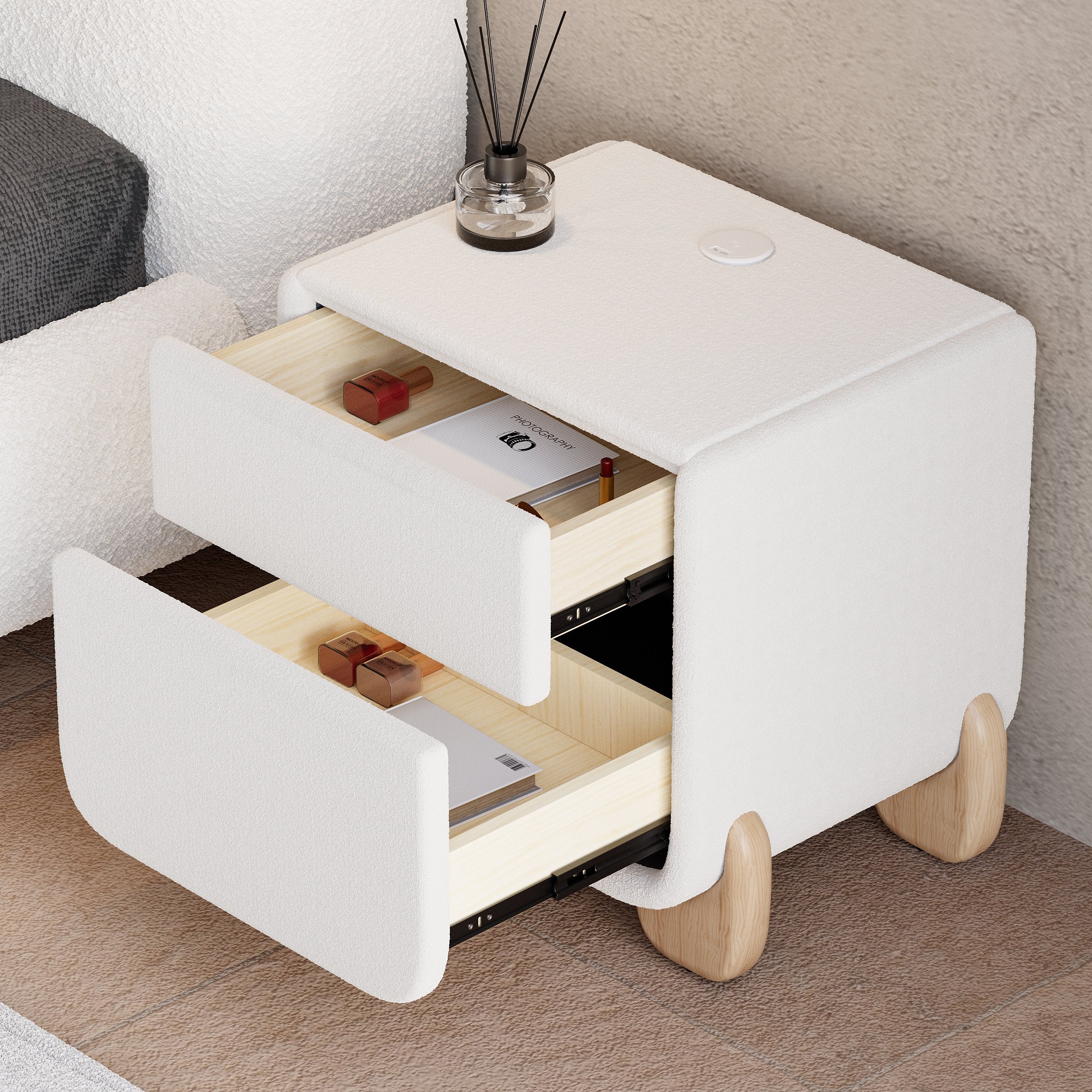HMR - Curva 2-Drawer Smart Boucle Nightstand with Wood Legs