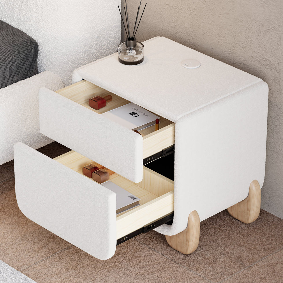 HMR - Curva 2-Drawer Smart Boucle Nightstand with Wood Legs