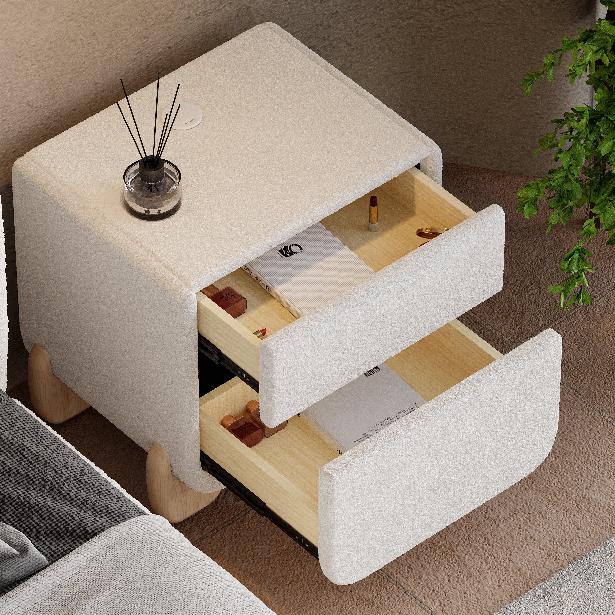 HMR - Curva 2-Drawer Smart Boucle Nightstand with Wood Legs