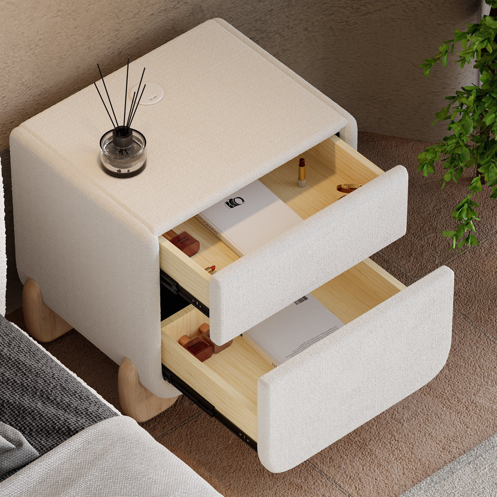 HMR - Curva 2-Drawer Smart Boucle Nightstand with Wood Legs