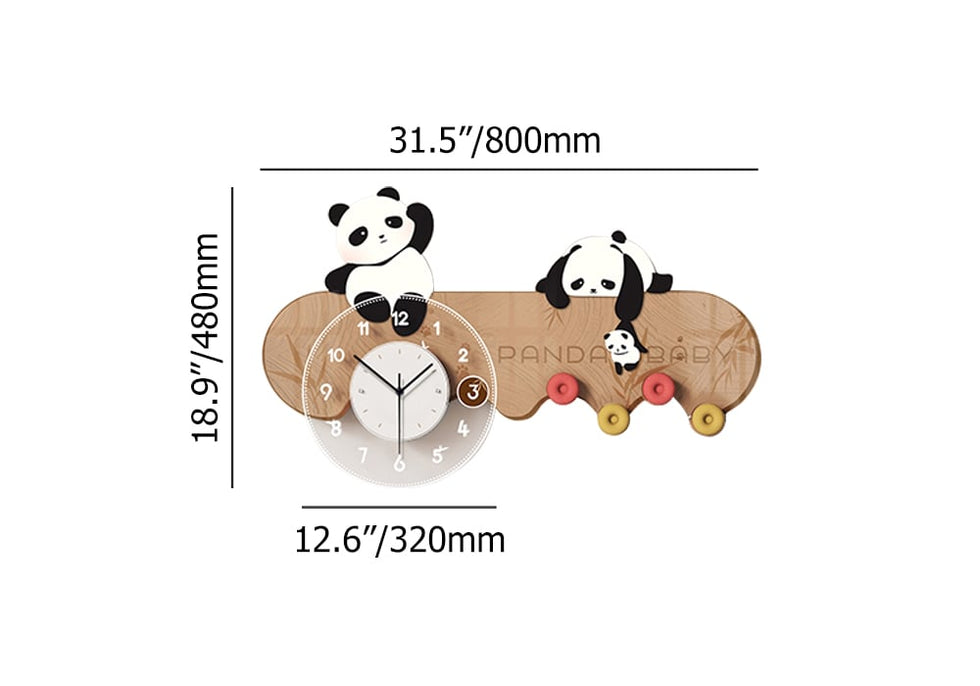 HMR - 4-Hook Wall Mounted Decorative Panda Coat Rack with 9.8'' LED Acrylic Clock
