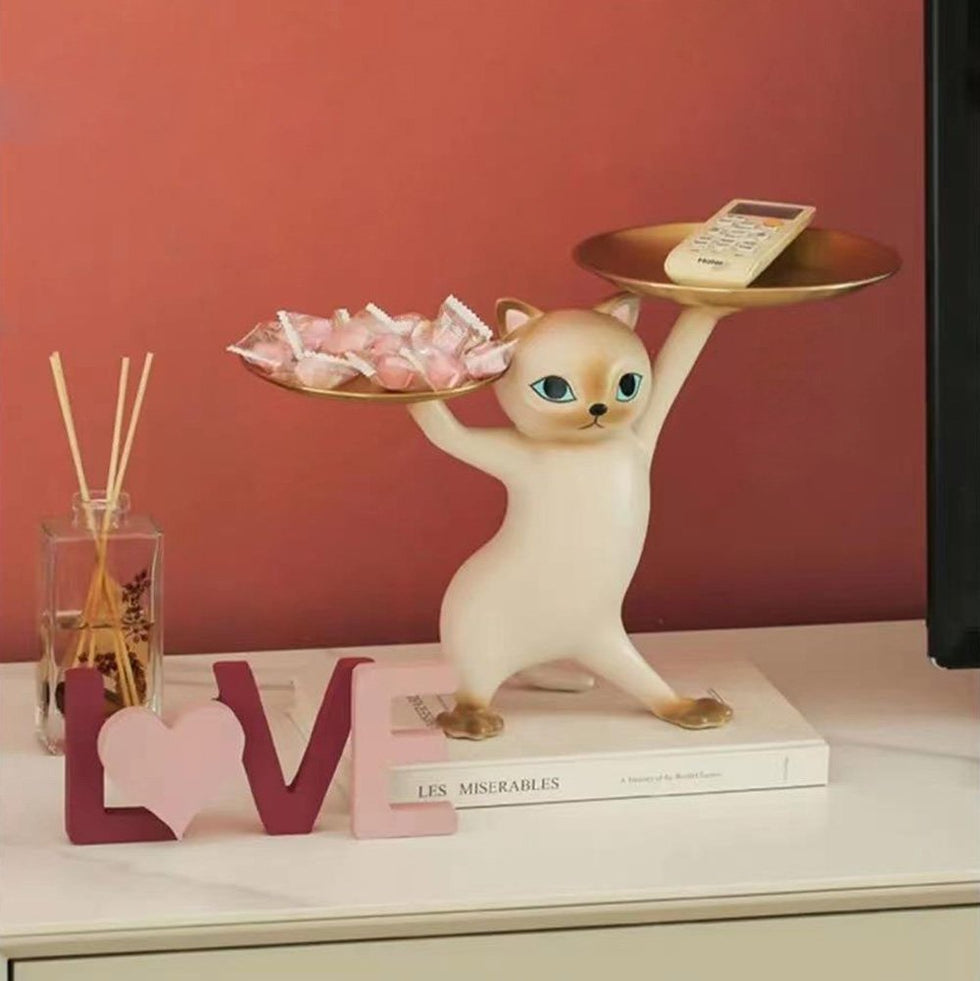 HMR - Modern Cat Resin Figurine with Gold Desk Storage Tray