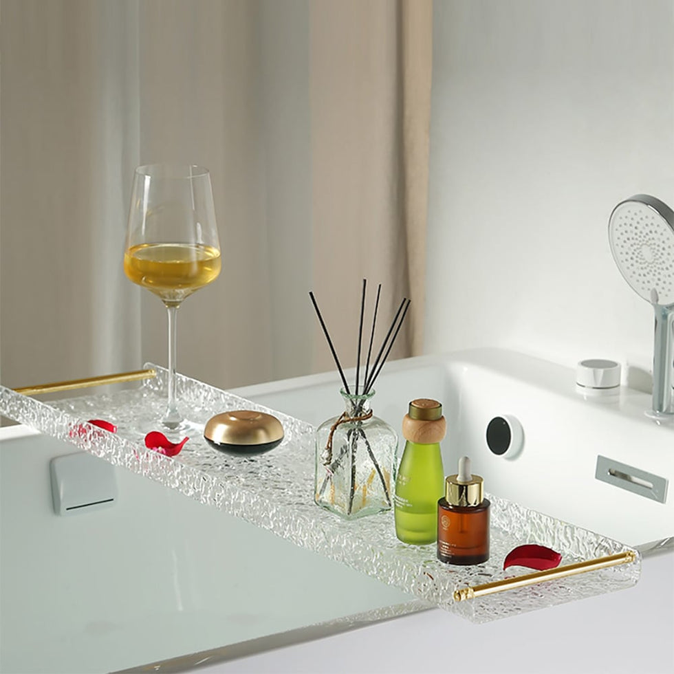 HMR - Acrylic Water Ripple Bathtub Tray Clear Bathroom Caddy Shelf with Gold Handles