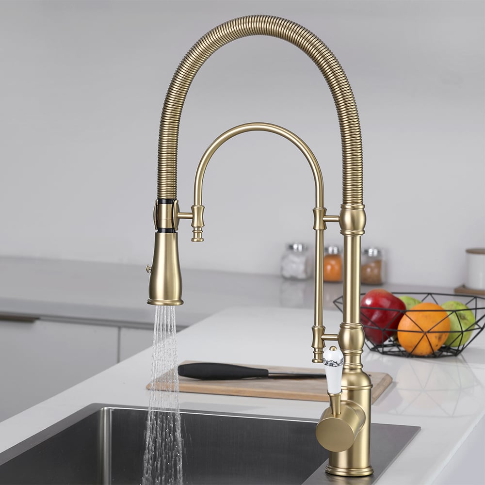 HMR - High Arc Dual-Mode Pull-Down Kitchen Faucet Porcelain Handle with Porcelain Handle
