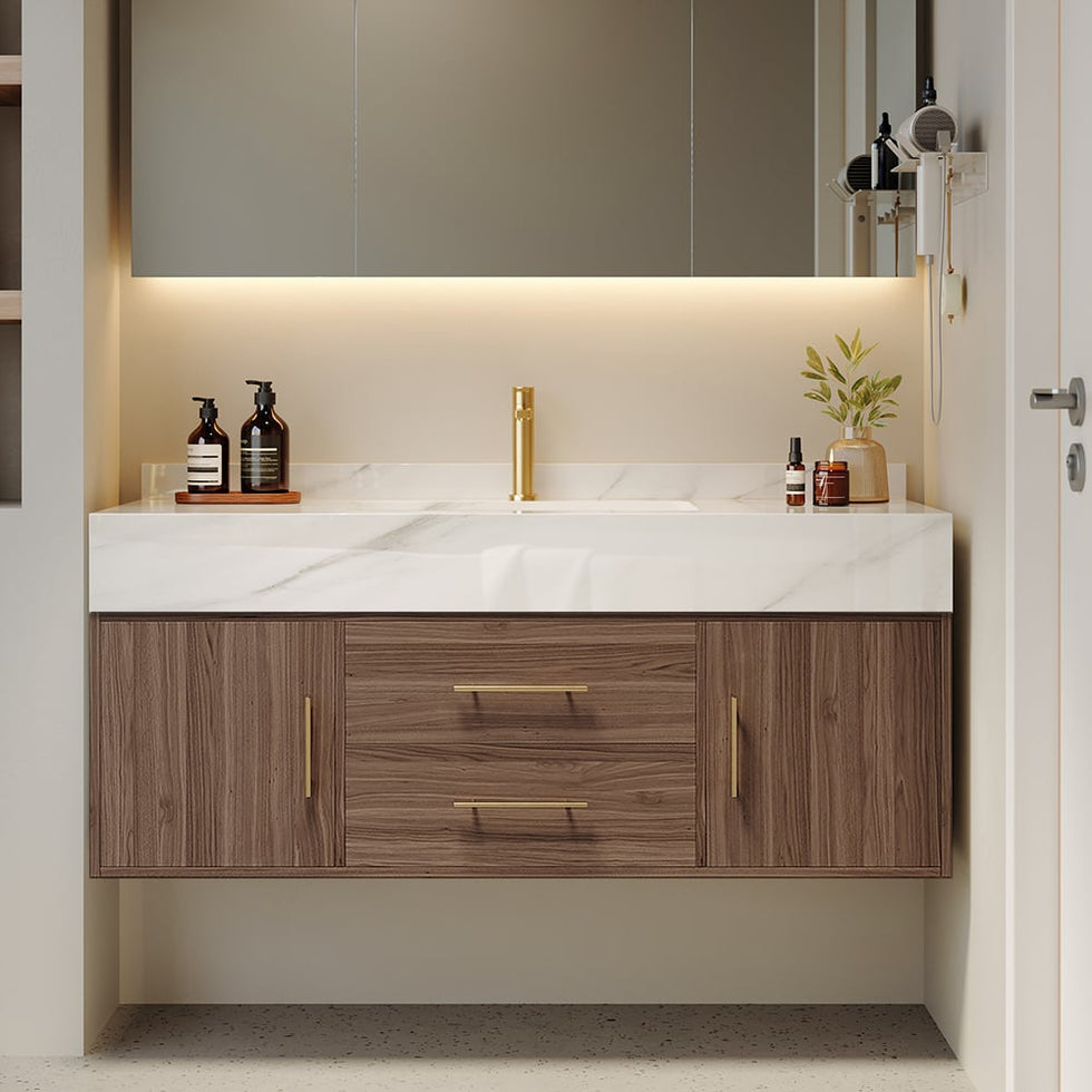 HMR - 39" Modern Floating Stone Top Bathroom Vanity Set with Sink