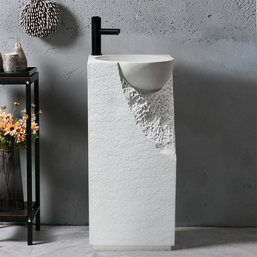 HMR - 34" Tall Japandi Stone Resin Pedestal Bathroom Sink Farmhouse Freestanding Sink