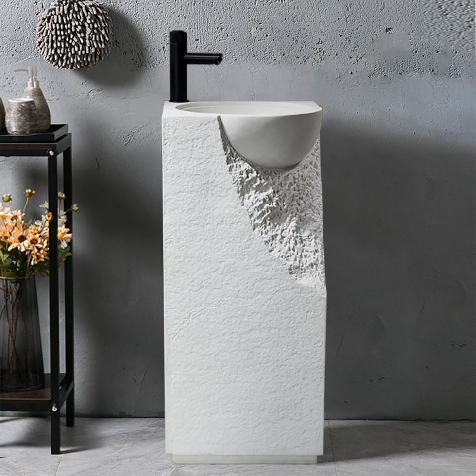 HMR - 34" Tall Japandi Stone Resin Pedestal Bathroom Sink Farmhouse Freestanding Sink