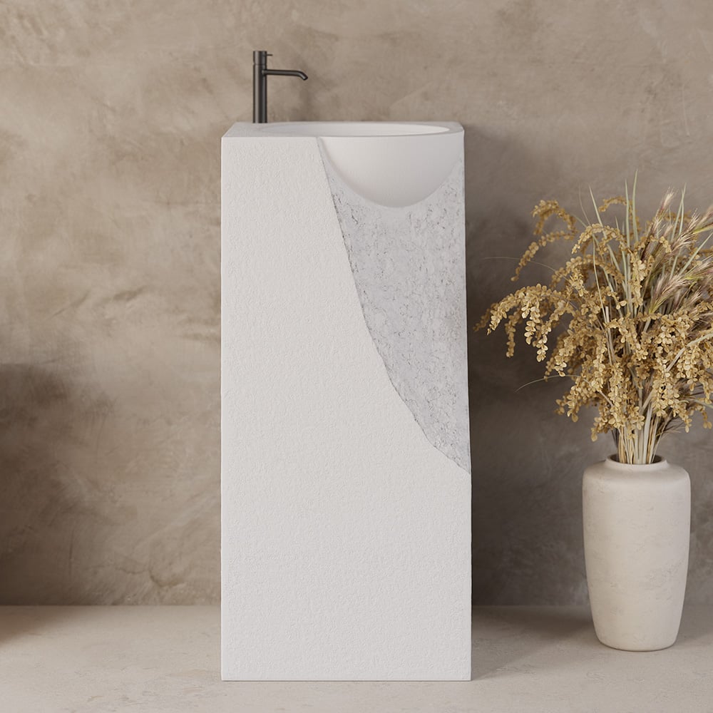 HMR - 34" Tall Japandi Stone Resin Pedestal Bathroom Sink Farmhouse Freestanding Sink
