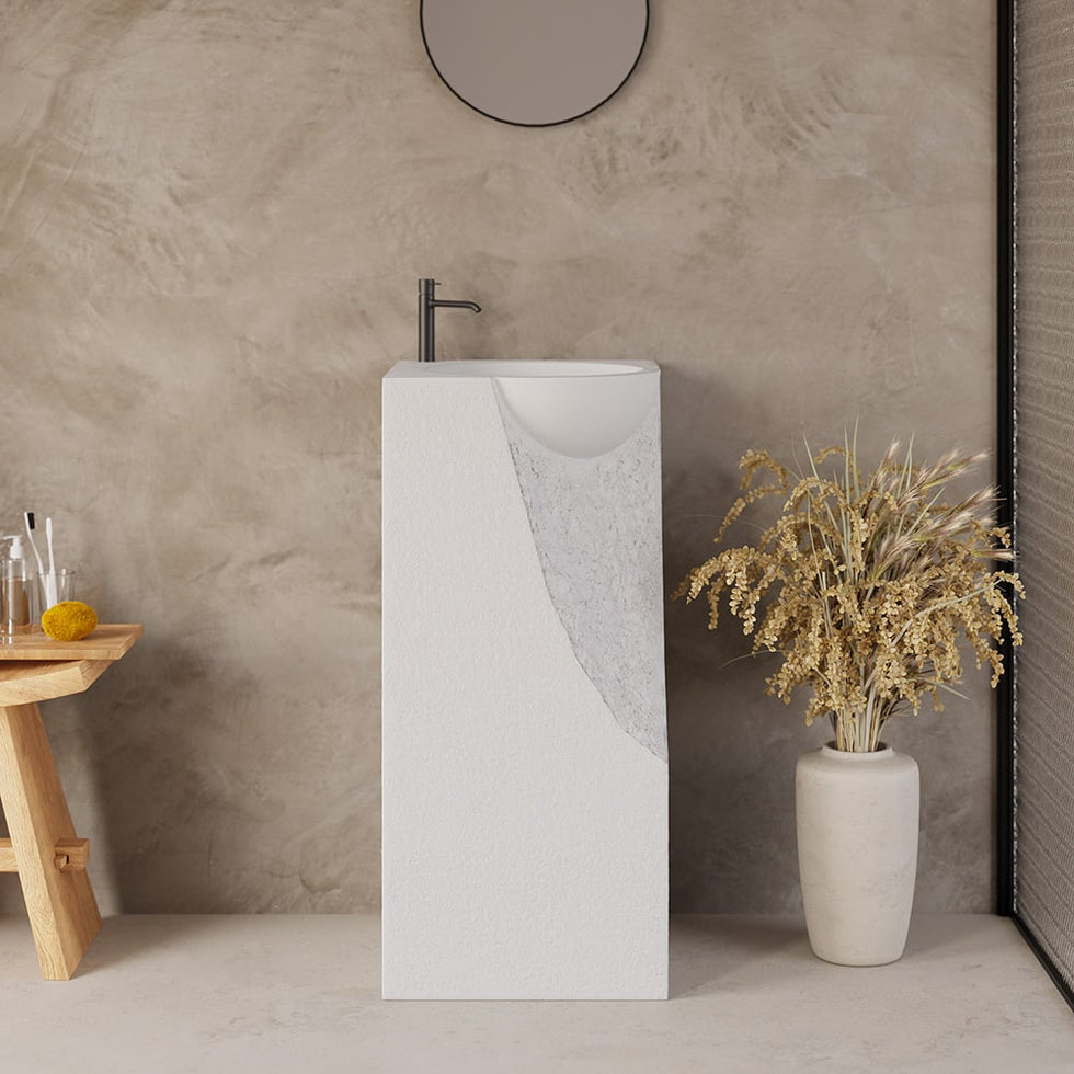 HMR - 34" Tall Japandi Stone Resin Pedestal Bathroom Sink Farmhouse Freestanding Sink