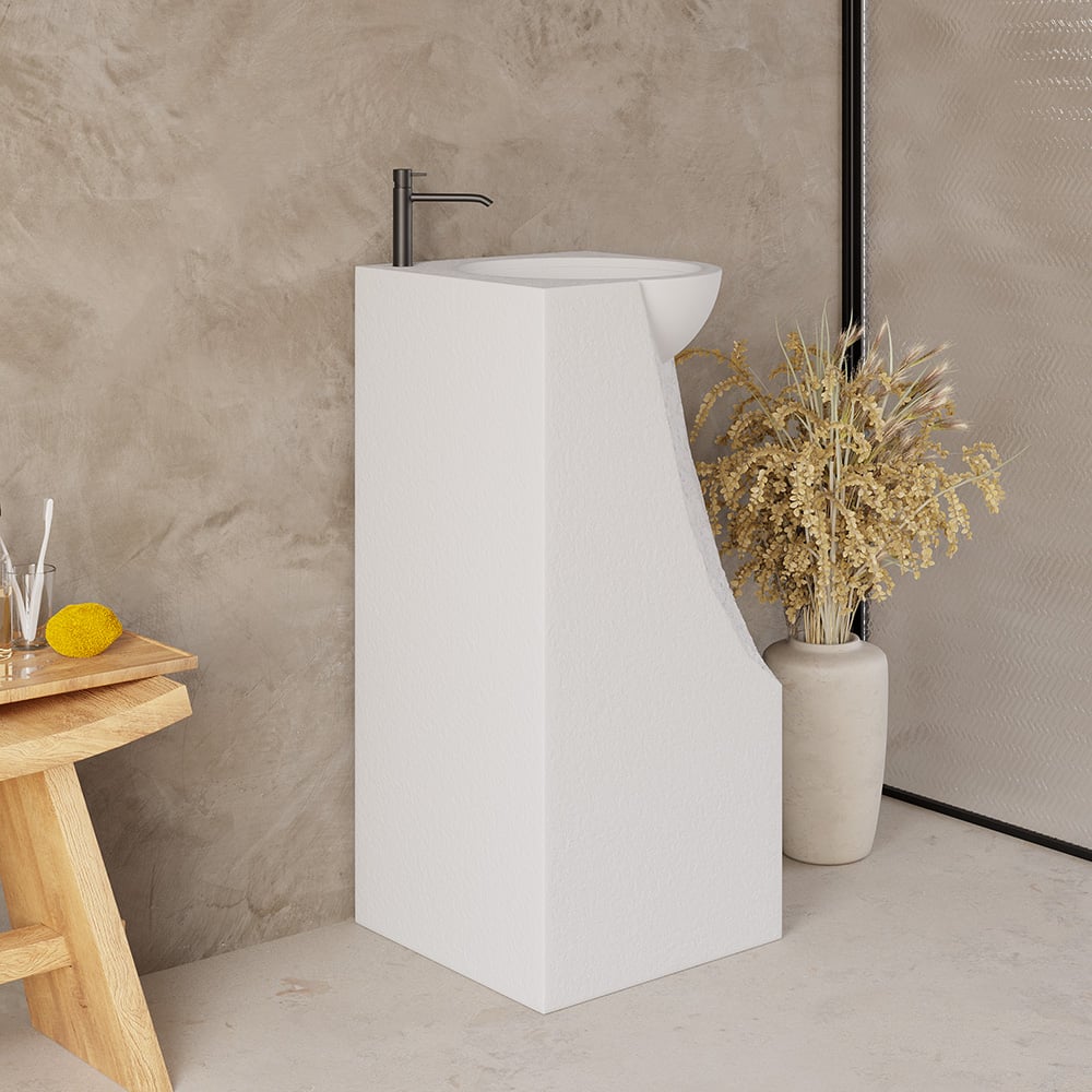 HMR - 34" Tall Japandi Stone Resin Pedestal Bathroom Sink Farmhouse Freestanding Sink