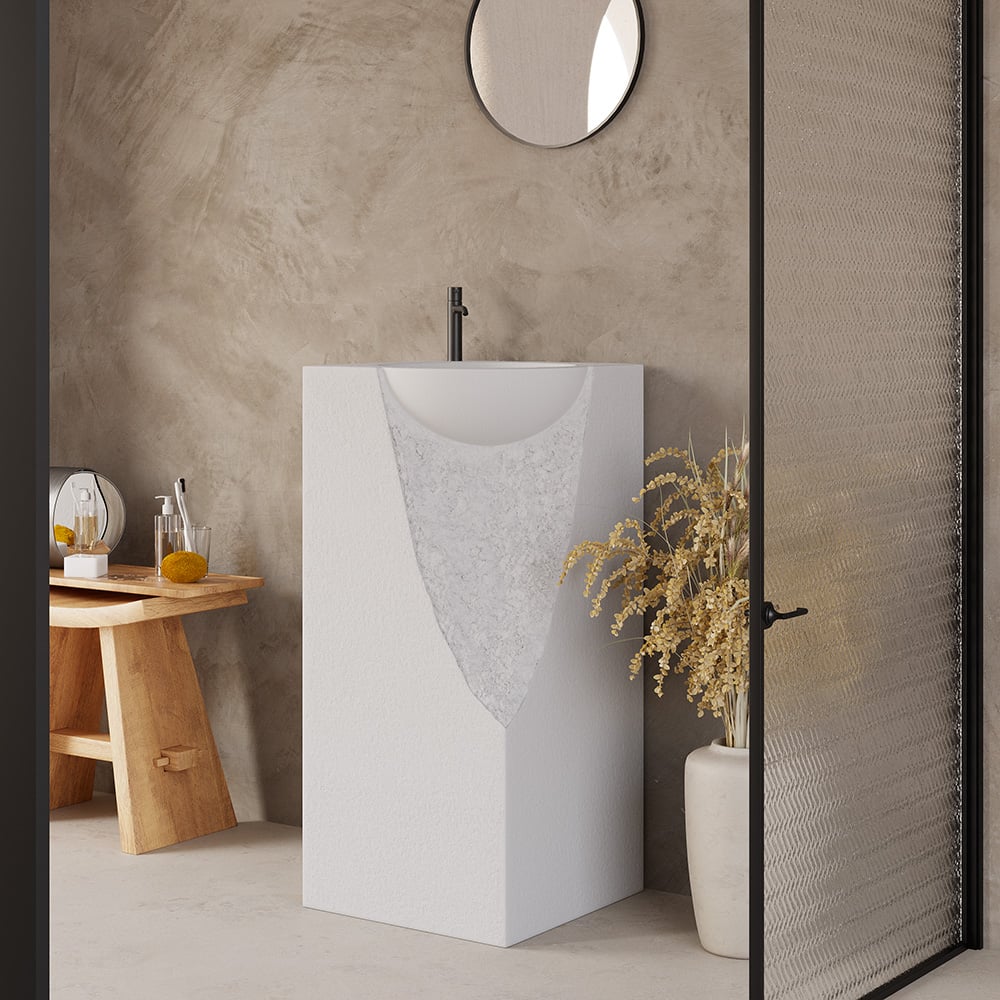 HMR - 34" Tall Japandi Stone Resin Pedestal Bathroom Sink Farmhouse Freestanding Sink