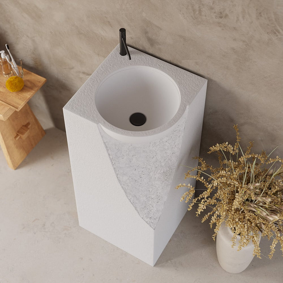 HMR - 34" Tall Japandi Stone Resin Pedestal Bathroom Sink Farmhouse Freestanding Sink