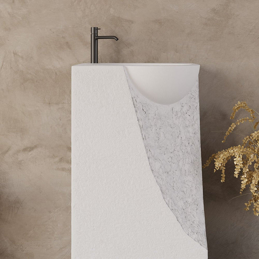 HMR - 34" Tall Japandi Stone Resin Pedestal Bathroom Sink Farmhouse Freestanding Sink