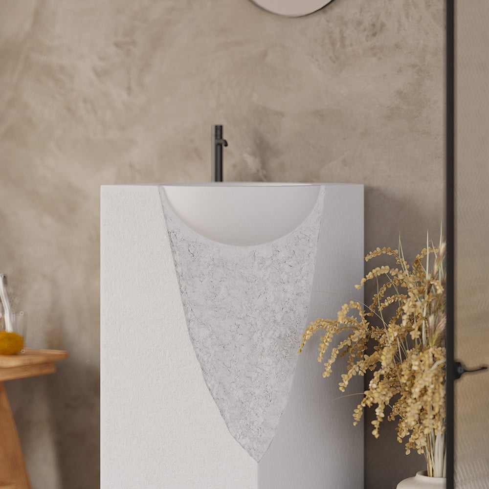 HMR - 34" Tall Japandi Stone Resin Pedestal Bathroom Sink Farmhouse Freestanding Sink