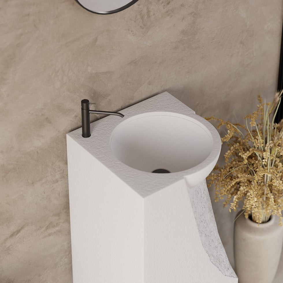 HMR - 34" Tall Japandi Stone Resin Pedestal Bathroom Sink Farmhouse Freestanding Sink