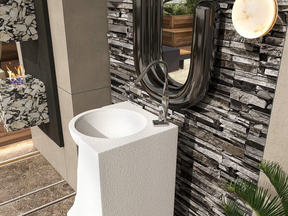 HMR - 34" Tall Japandi Stone Resin Pedestal Bathroom Sink Farmhouse Freestanding Sink