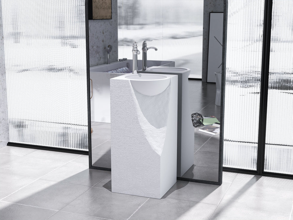 HMR - 34" Tall Japandi Stone Resin Pedestal Bathroom Sink Farmhouse Freestanding Sink