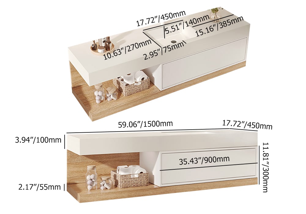 HMR - 59" Modern Floating Bathroom Vanity Set with Sink