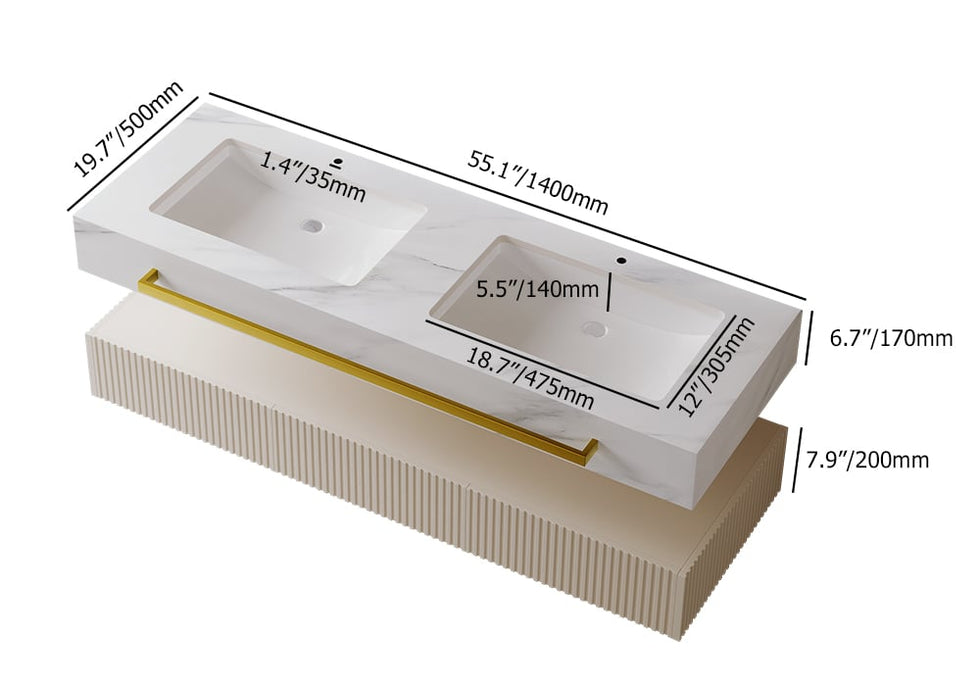 HMR - Bathroom Vanity Series 55.1" Modern Floating Bathroom Vanity White with Double Sinks