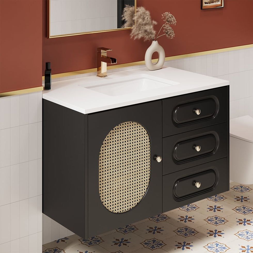 HMR - 31" Black Floating Bathroom Vanity Set Undermount Ceramic Sink with Rattan Door Cabinet