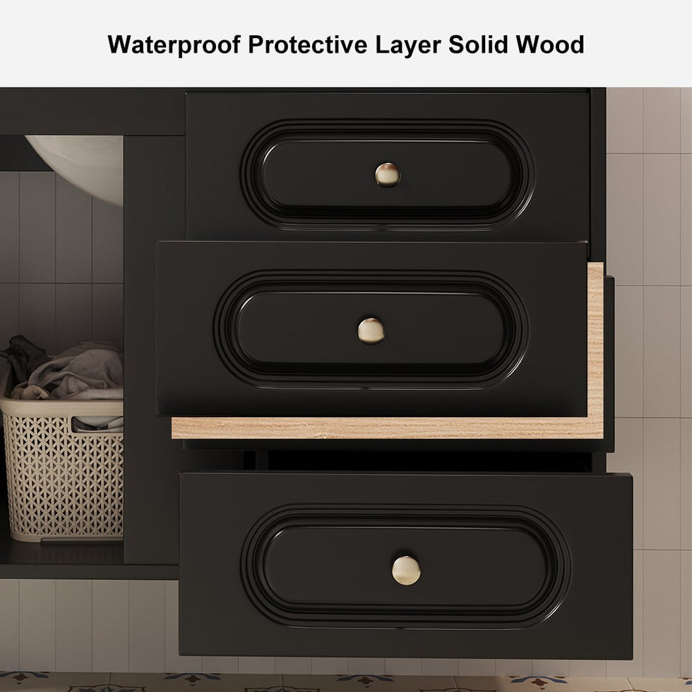 HMR - 31" Black Floating Bathroom Vanity Set Undermount Ceramic Sink with Rattan Door Cabinet