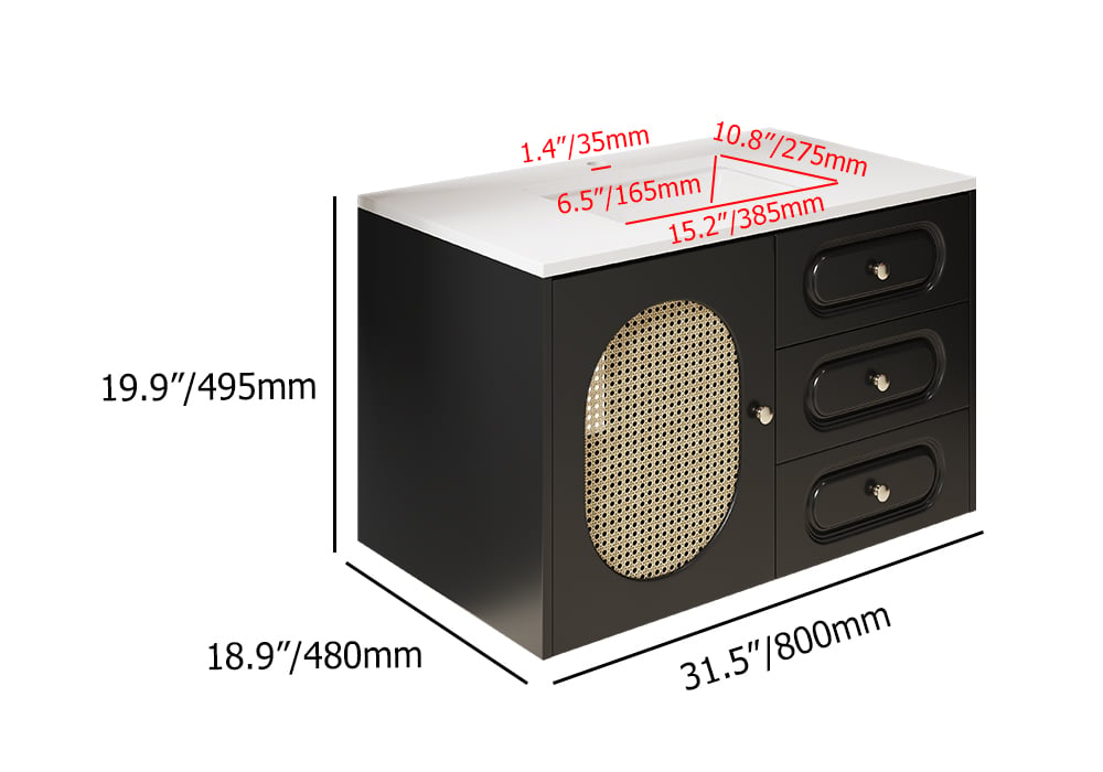 HMR - 31" Black Floating Bathroom Vanity Set Undermount Ceramic Sink with Rattan Door Cabinet