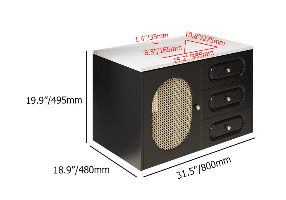 HMR - 31" Black Floating Bathroom Vanity Set Undermount Ceramic Sink with Rattan Door Cabinet