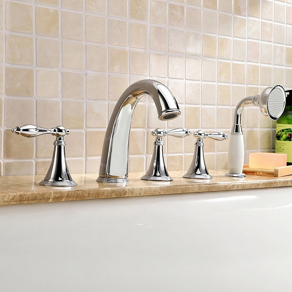 HMR - Deck Mounted Roman Bathtub Faucet with Handshower Solid Brass