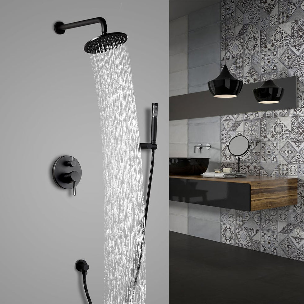 HMR - Modern 12" Black Wall Mounted Rain Shower System with Rainfall Shower Head Solid Brass
