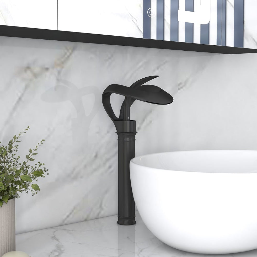 HMR - Modern Elegant Waterfall Bathroom Vessel Sink Faucet Single Handle Solid Brass