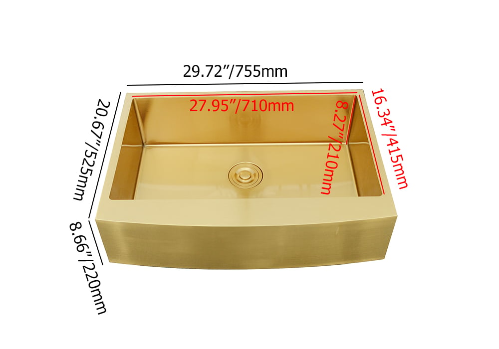 HMR - 30" Stainless Steel Farmhouse Apron-Front Kitchen Sink with Single Bowl in Gold