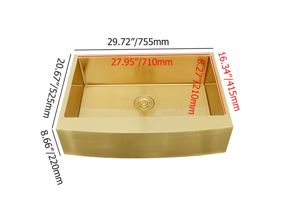 HMR - 30" Stainless Steel Farmhouse Apron-Front Kitchen Sink with Single Bowl in Gold