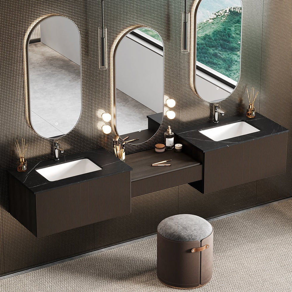 HMR - Bathroom Vanity Set 85" Modern Floating Bathroom Vanity Walnut with Double Sinks